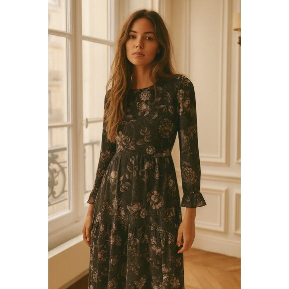 Markus Lupfer Dress Sheer Velour Rosa Painted Floral Silk Blend Midi SZ10 - Picture 1 of 9